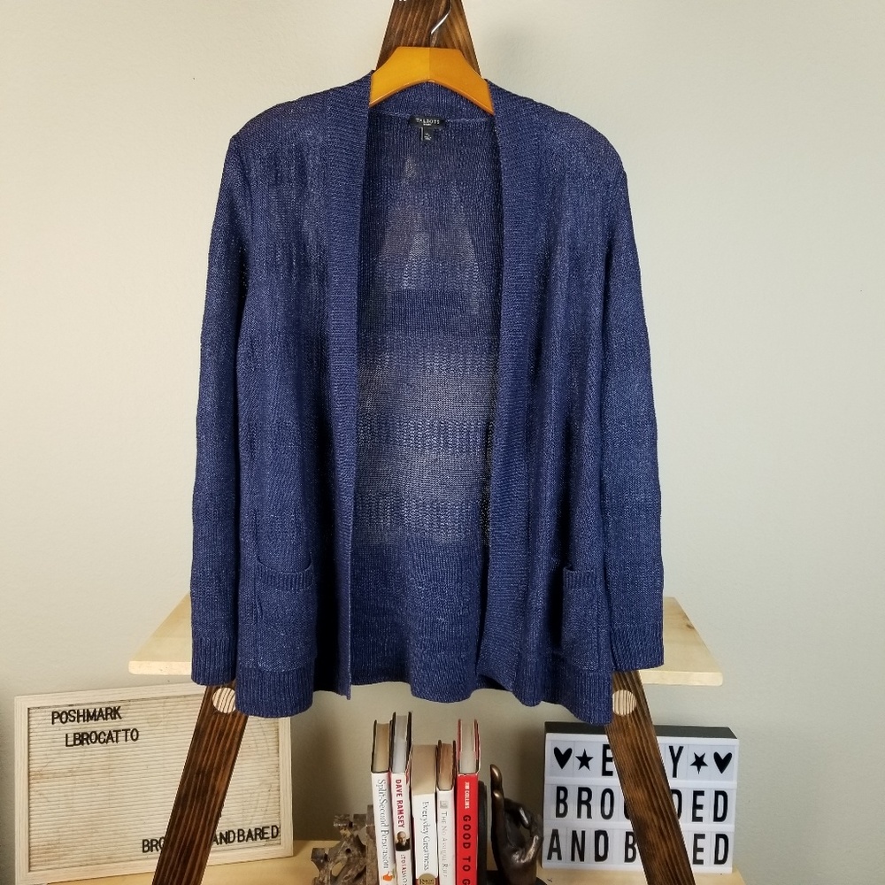 Talbots Blue Open Front Long Sleeve Linen Sweater